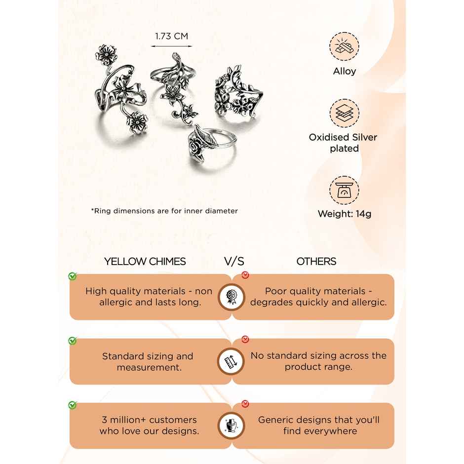 Yellow Chimes 4 Pcs Oxidised Ring Set for Women, Boho Vintage Floral Rings