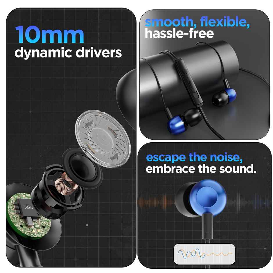 Dubstep Squad M11 With X-Bass Technology | 10 mm Drivers Wired Type-C Earphones With Mic | Blue - Black