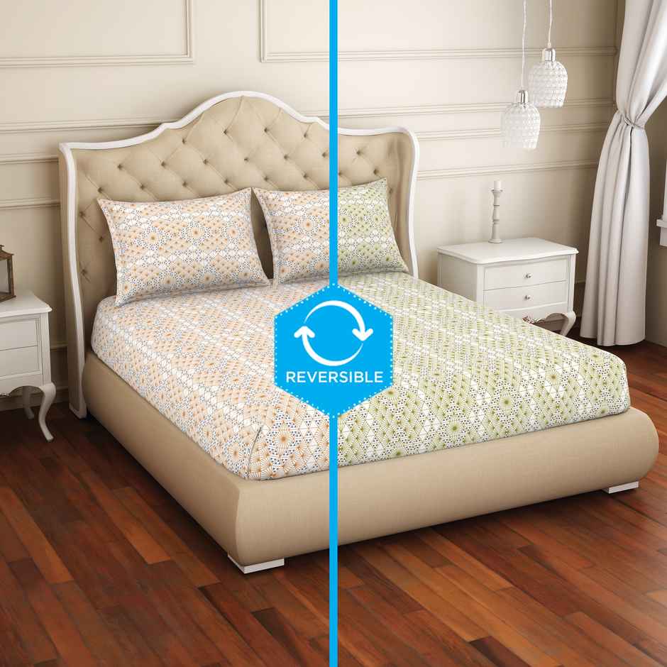 Welspun Geometric Orange Cotton Rich Double Bedsheet - 2-In-1