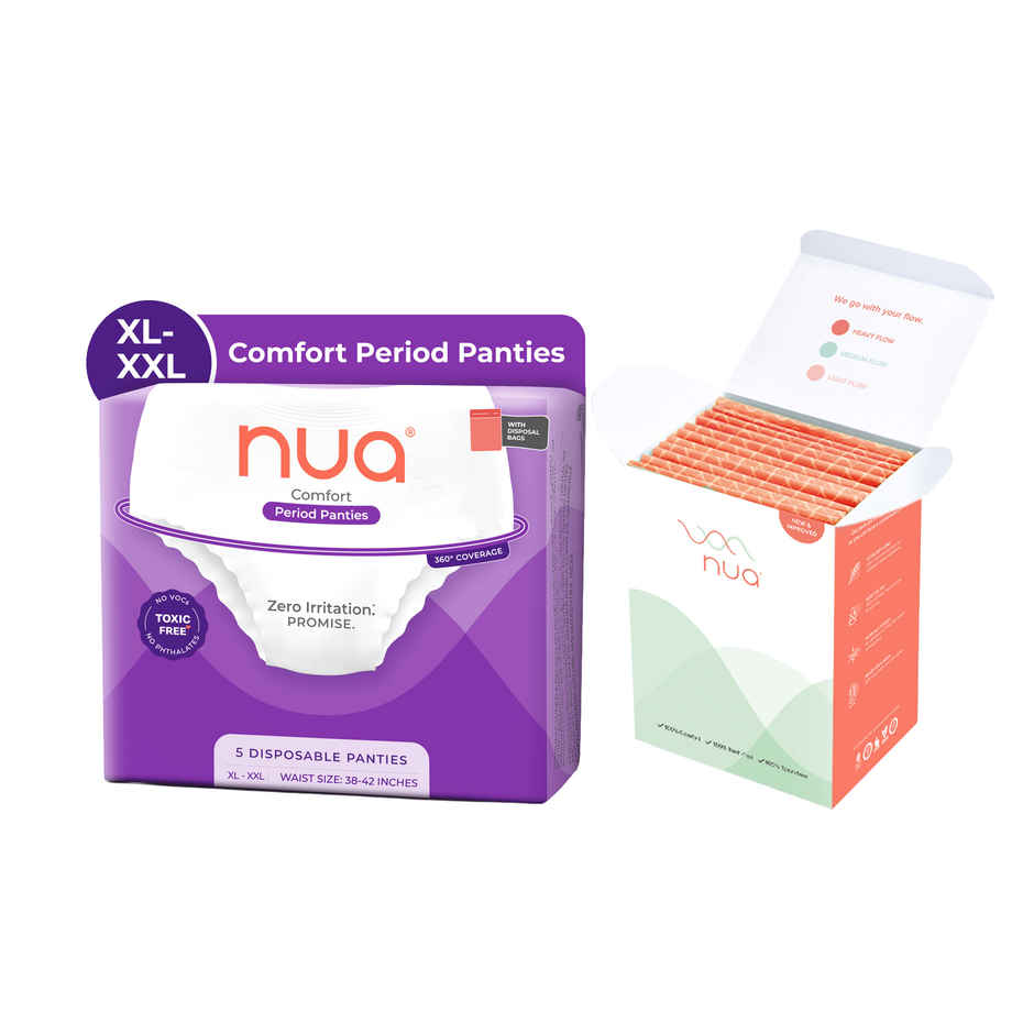 Nua Multi-Size Sanitary Pads With Disposal Cover | 3Xl+, 5Xl, 4L (12pc) & Nua Comfort Disposable Period Panties Xl-Xxl | Ultra-Absorbent | Pack Of 5 Panties (5pc) Combo