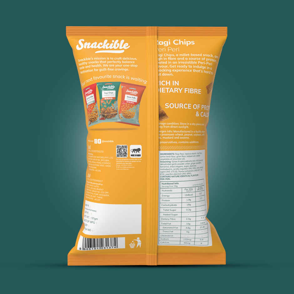 Snackible Peri Peri Ragi Chips - High Fibre, No Palm Oil