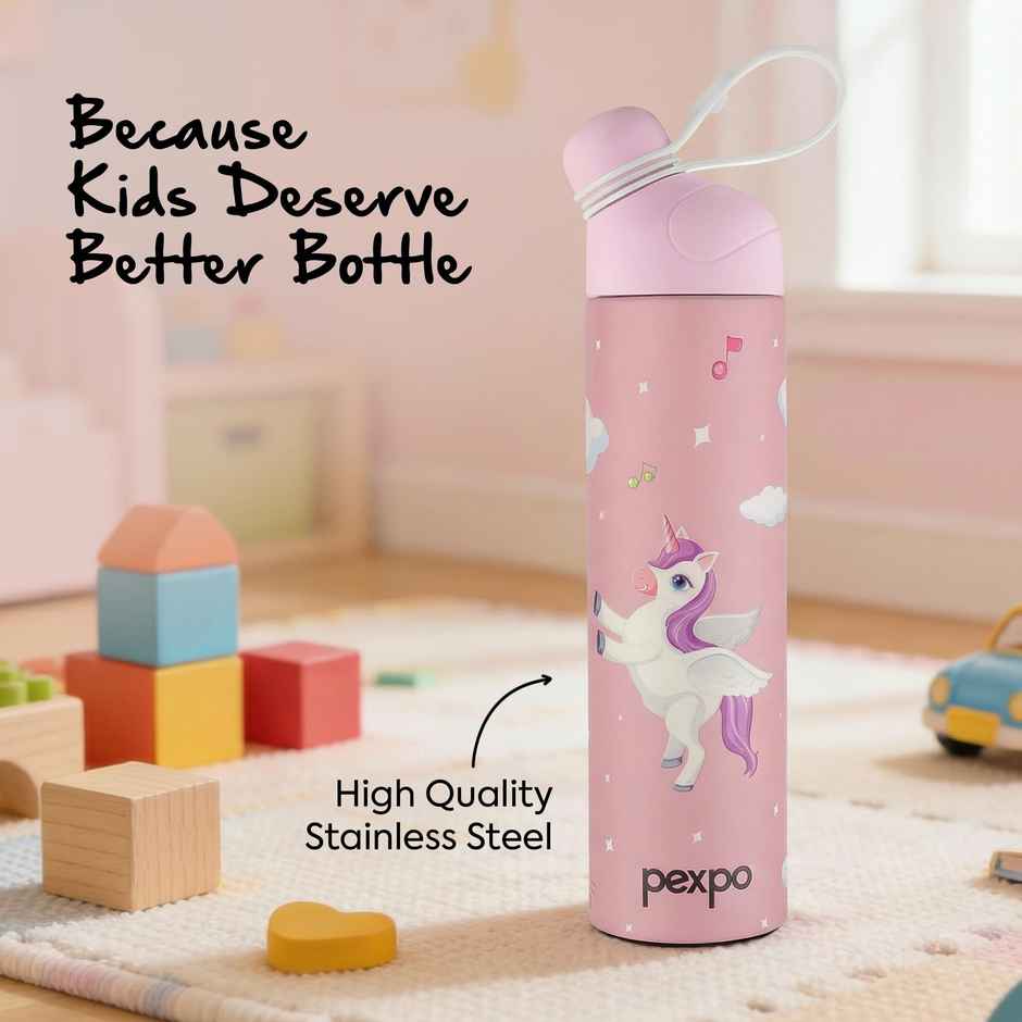 Pexpo Stainless Steel Pico Cute Sipper Hot & Cold Water Bottle | Unicorn UV Printed | Pink | 500 ml