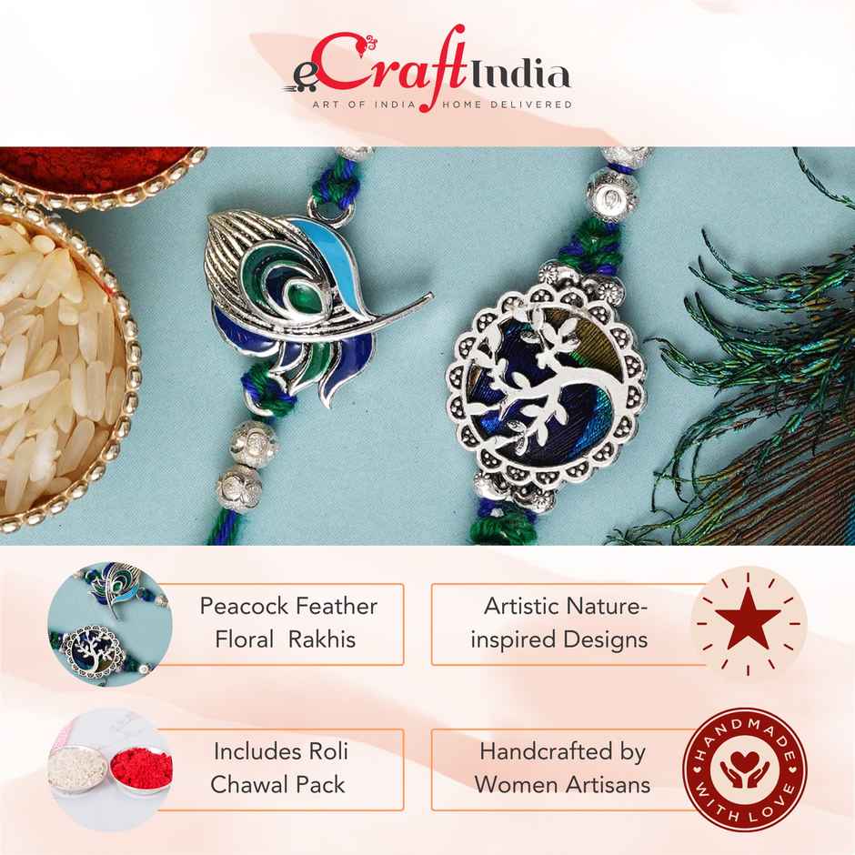 Religious Peacock Feather and Floral Designer Rakhis for Brothers & Roli Chawal Pack (eCraftIndia) Set of 2