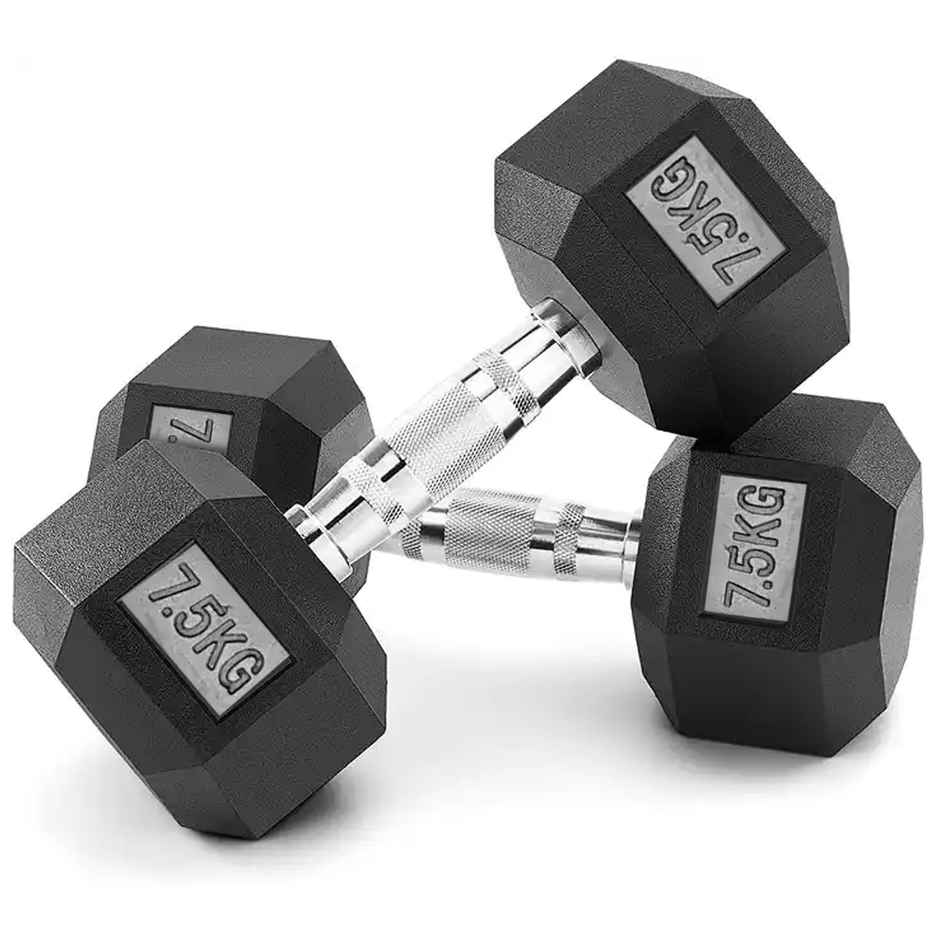 Slovic Hex Rubber Coated Dumbbell Set (7.5 kg X 2) | Black | Home Gym | Non-Slip Coated Handle