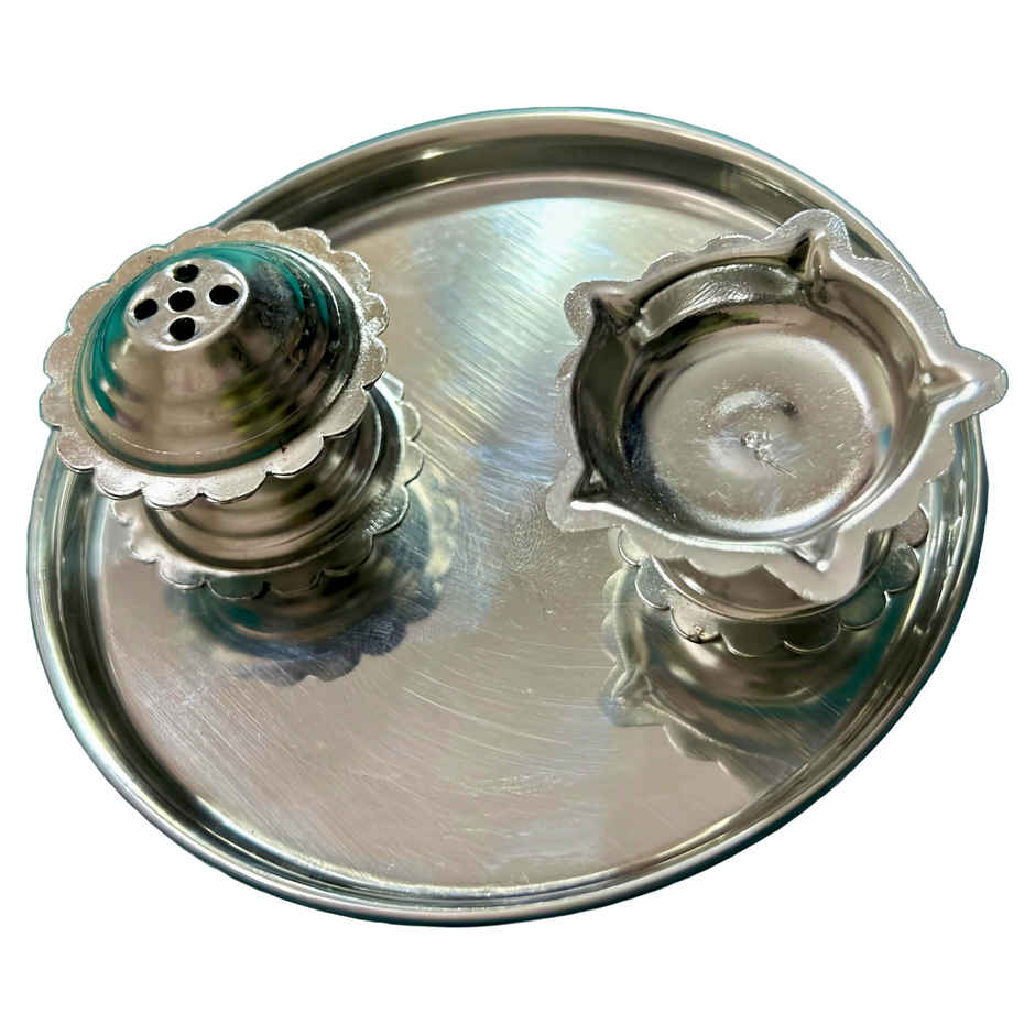 Stainless Steel Thali with Diya & Agarbatti Stand | Mangal Bhawan