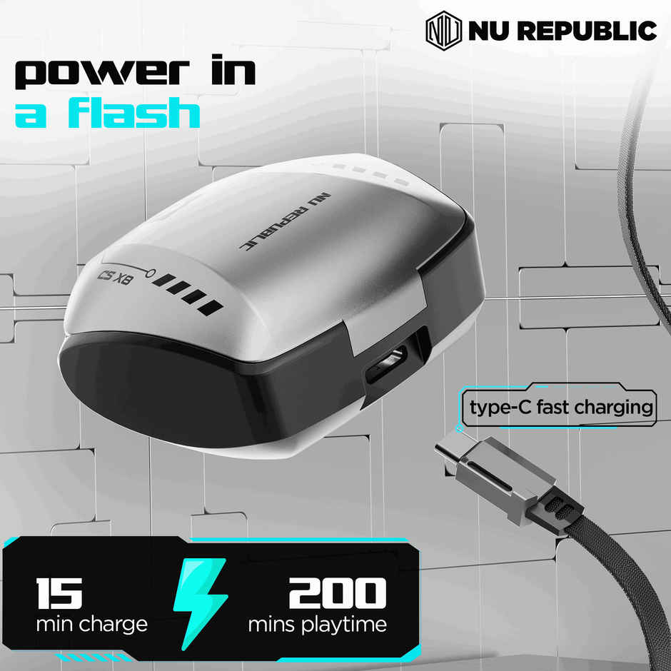 Nu Republic Cyberstud X8 TWS Earbuds, Up to 56Hrs Playtime, 40ms Ultra Low Latency, ENC Mics, 13mm Neodymium Drivers, XBass Technology, Dual Mode for Gaming & Music, Bluetooth 5.3 - Silver