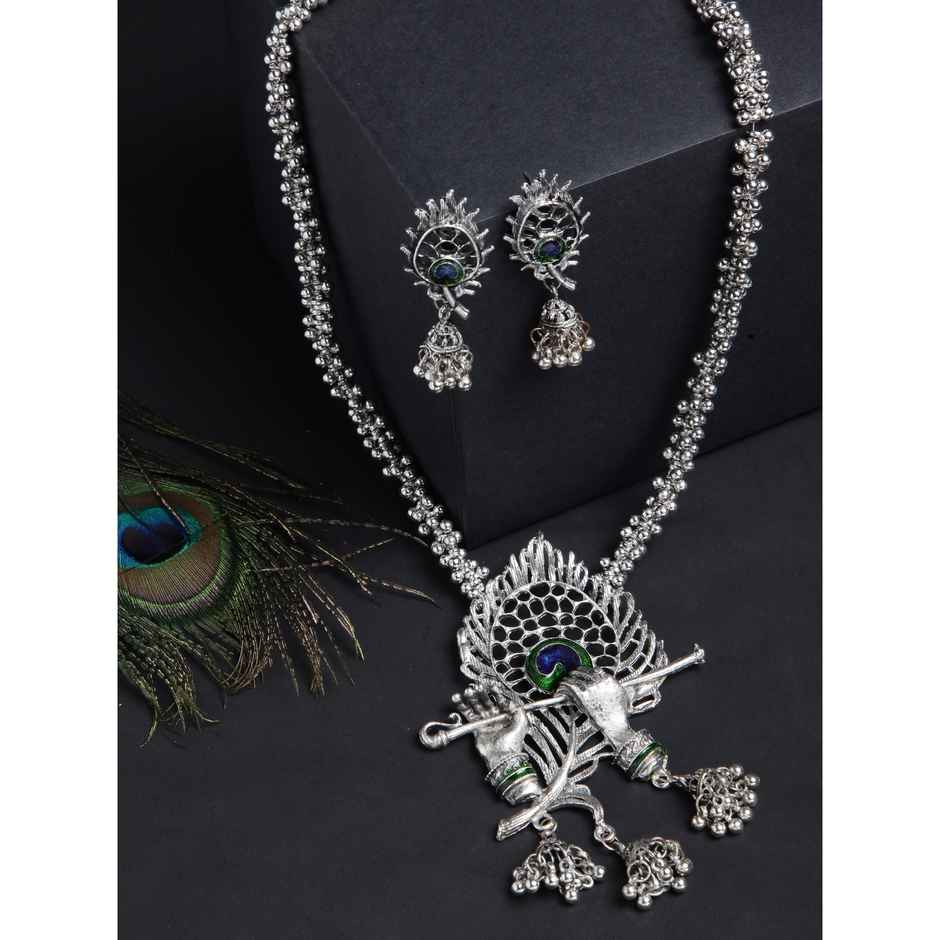 Shining Diva Fashion Stylish Traditional Oxidised Silver Necklace Set for Women and Gilrs | 13165s