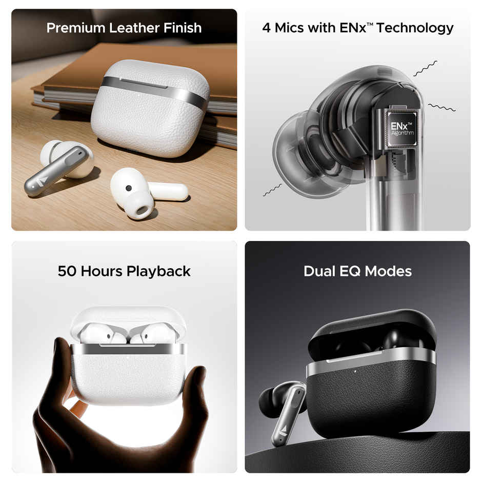 boAt Airdopes 111 v2 TWS Ear Buds with mic, Premium Leather Finish, 4Mics ENx,50HRS Battery, Free Music Streaming,13mm Drivers,Fast Charge,Dual Pair, Bluetooth Earbuds - Ivory White