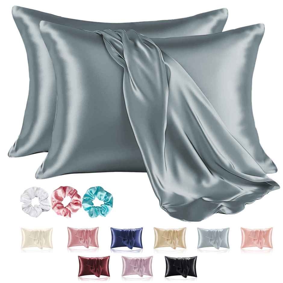 Kuber Industries 2 Pcs Satin Pillow Covers for Hair with 3 Scrunchies for Women | Ash Grey