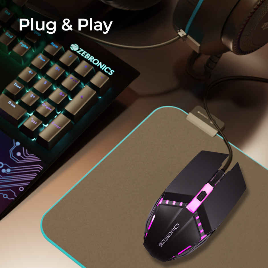 Zebronics Phero Wired Gaming Mouse With Up to 1600 DPI, LED Lights, DPI Switch, High Precision,4 Buttons - Black