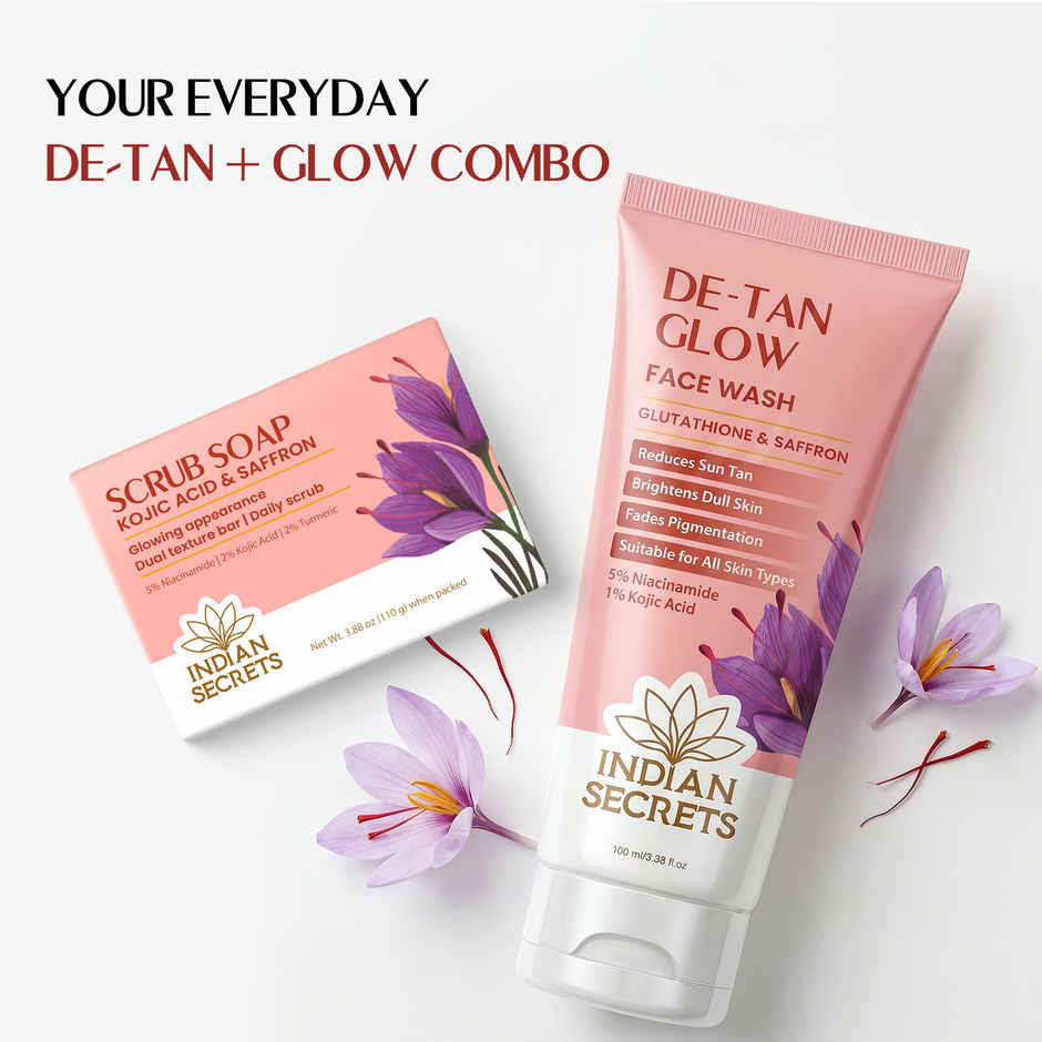 Indian Secrets De-Tan Glow Face Wash for Brightening Skin | Tan Removal | Kojic Acid, Saffron