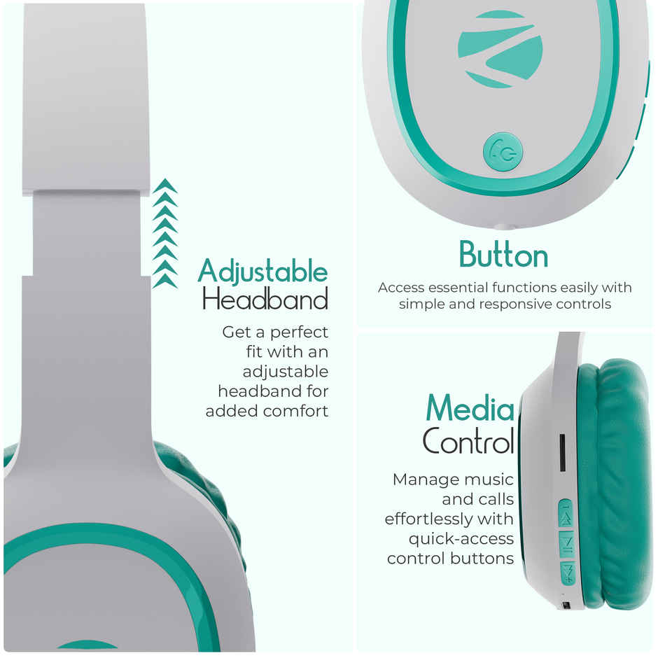 ZEBRONICS Thunder Bluetooth 5.3 Wireless Over Ear Headphones with 60H Backup, Gaming Mode, Dual Pairing, Enc, Aux, Micro Sd, Voice Assistant, Comfortable Earcups, Call Function - Sea Green