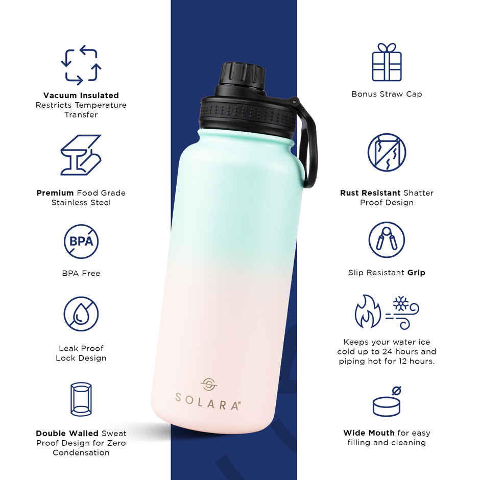 Solara Stainless Steel Insulated Water Bottle for Travel, Office, School, Gym | Blue & Pink | 1 L