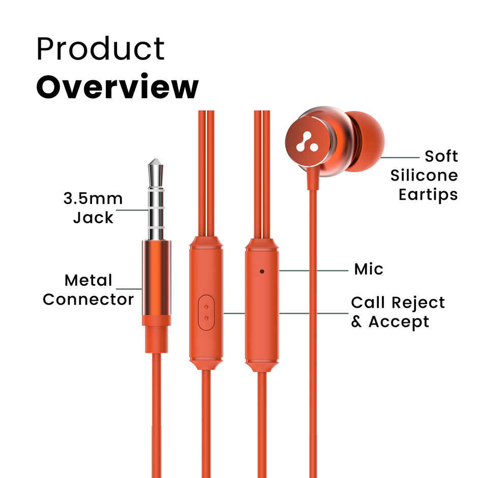 Ambrane 3.5mm Wired Earphones with Mic, Powerful HD Sound with High Bass, Stringz 38 | Orange