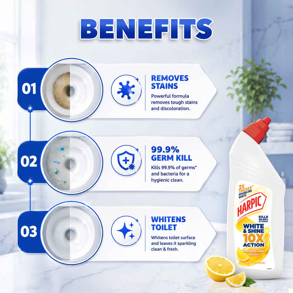 Harpic White and Shine Disinfectant Toilet Cleaner Bleach Liquid, Refreshing Lemon