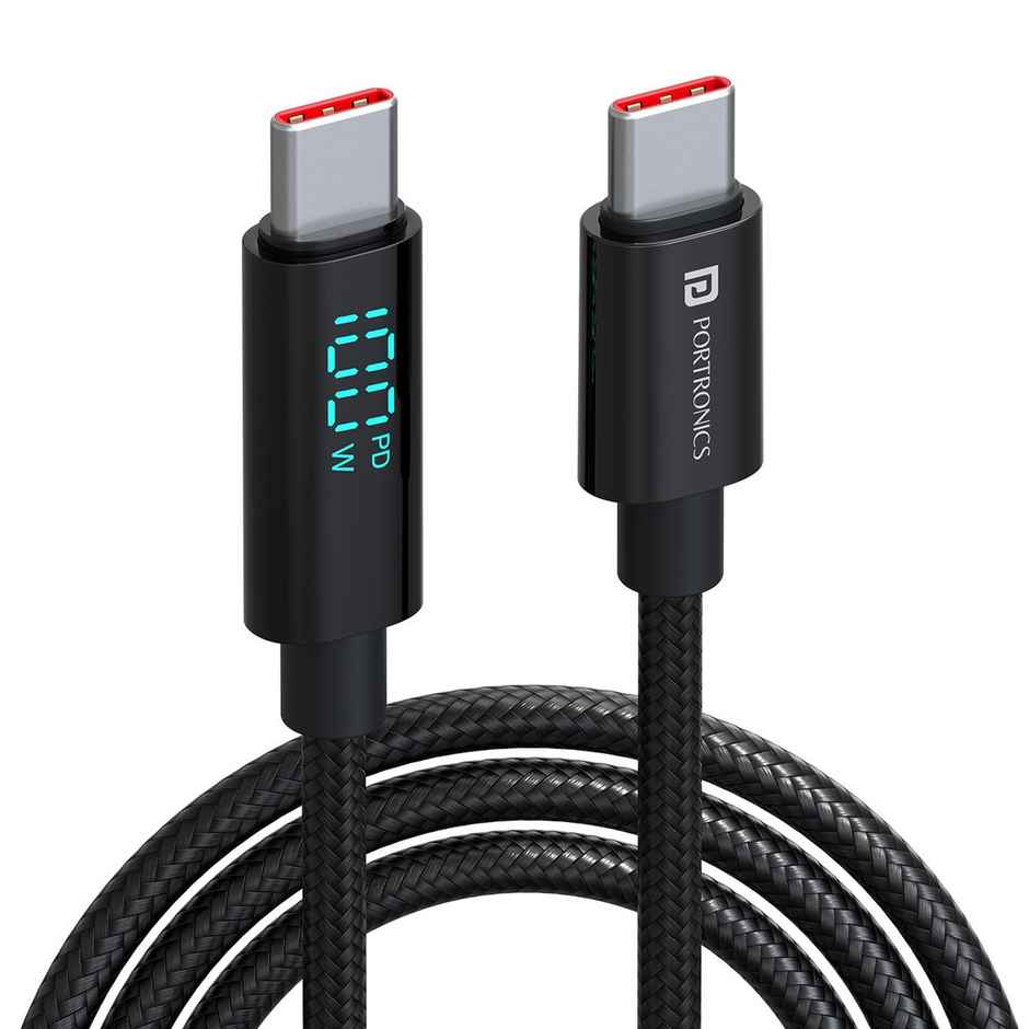 Portronics Konnect View 100W Type C To Type C Braided Cable With Led Display- Black