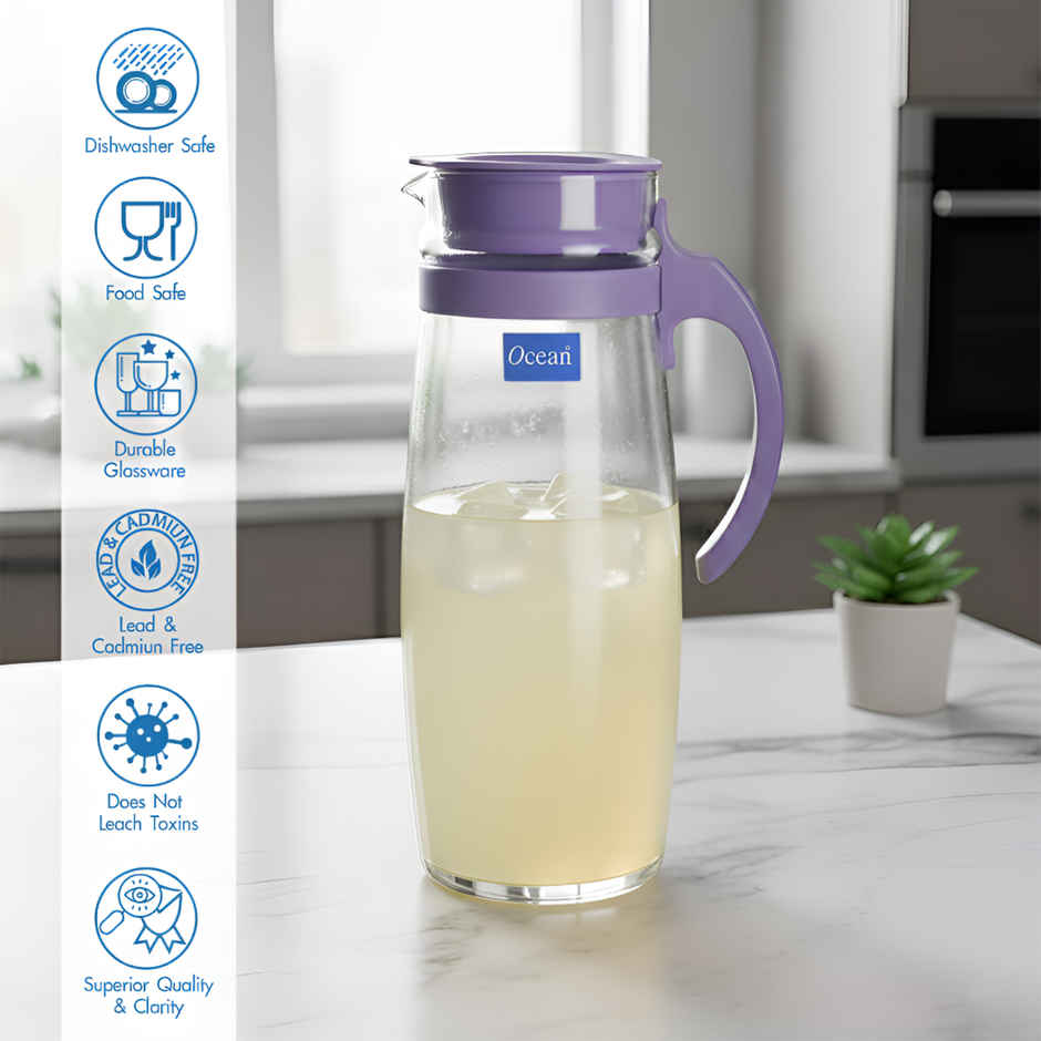 Ocean Divano Pitcher Water Glass Jug | 1.6 L | Transparent | Purple Lid