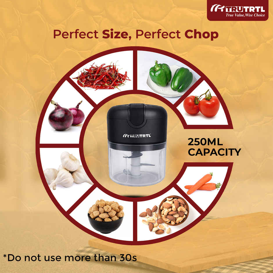  truTRTL Smart Electric Chopper | 1200 mAh Battery | Onion & Vegetable Cutter | Black - 250 ml