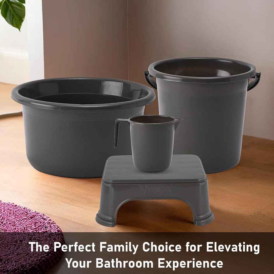 Kuber Industries Tub-Bucket with Mug & Stool Bathroom Combo Set|Set of 4|Gray