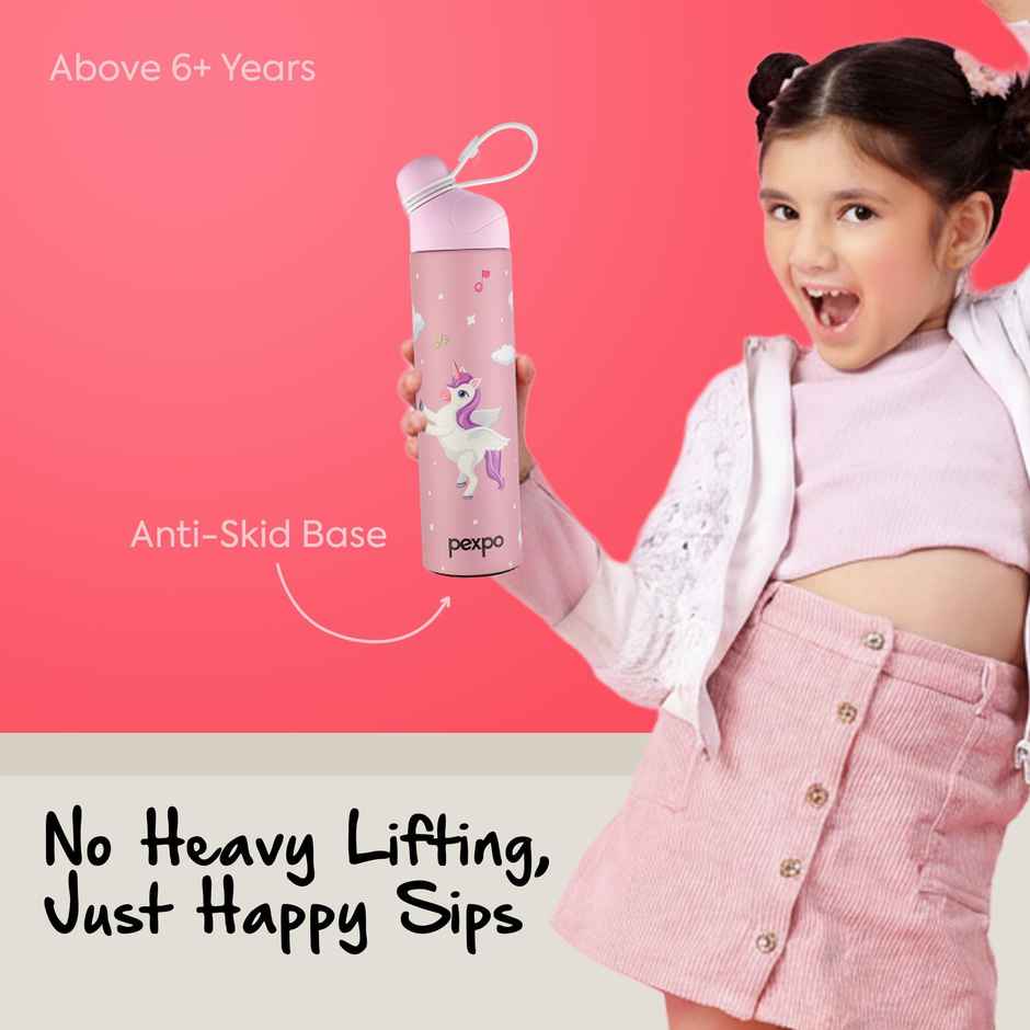 Pexpo Stainless Steel Pico Cute Sipper Hot & Cold Water Bottle | Unicorn UV Printed | Pink | 500 ml