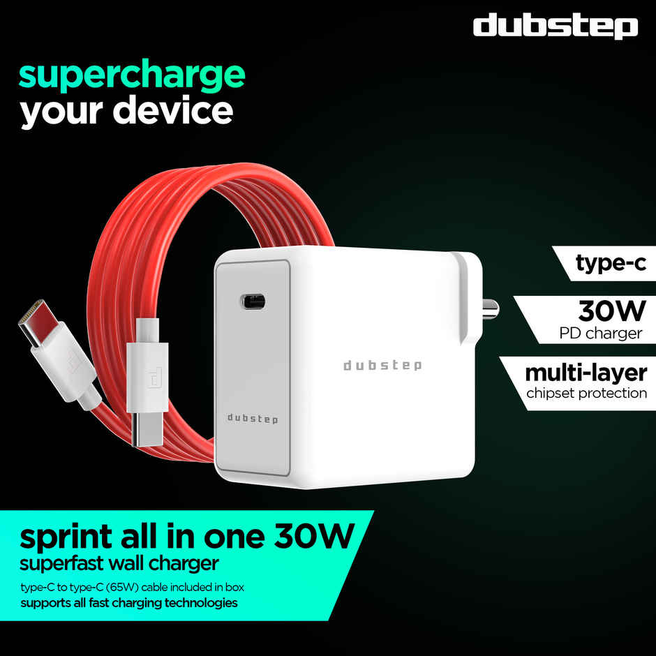 Dubstep Sprint All-in-one 30W 6A Charger with Type-C to Type-C Cable Supports All Fast Charging Technologies(Cable Included) - Red