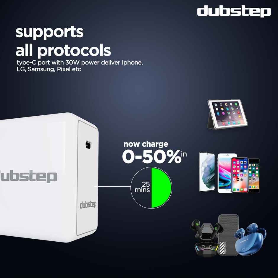 Dubstep Sprint All-in-one 30W 6A Charger with Type-C to Type-C Cable Supports All Fast Charging Technologies(Cable Included) - Red