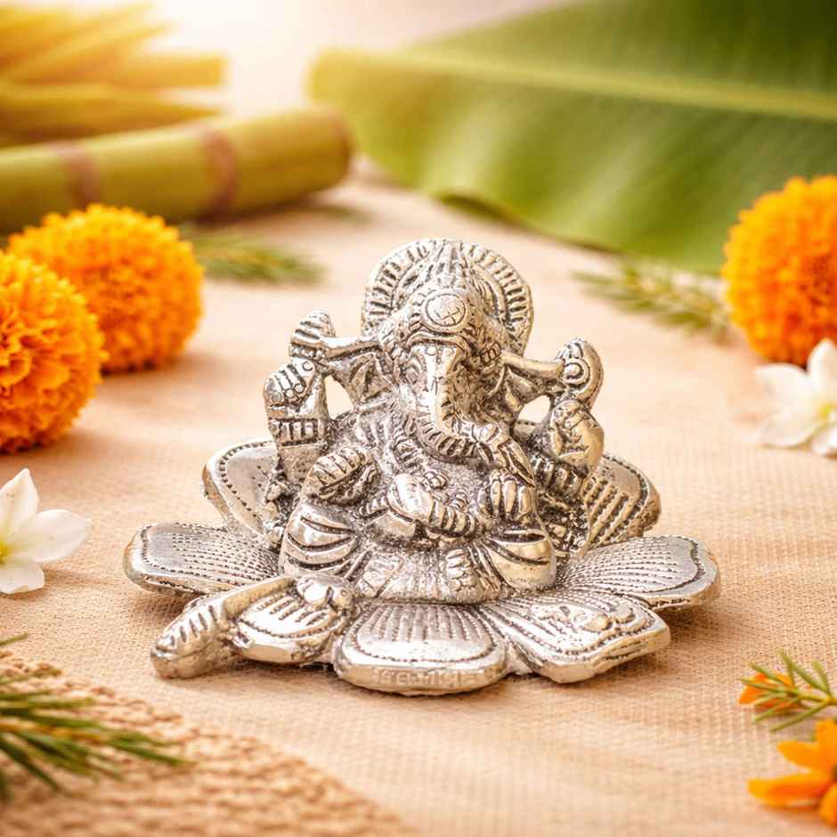 Ganesh Ji Silver Plated Idol on Flower | Devnidhi