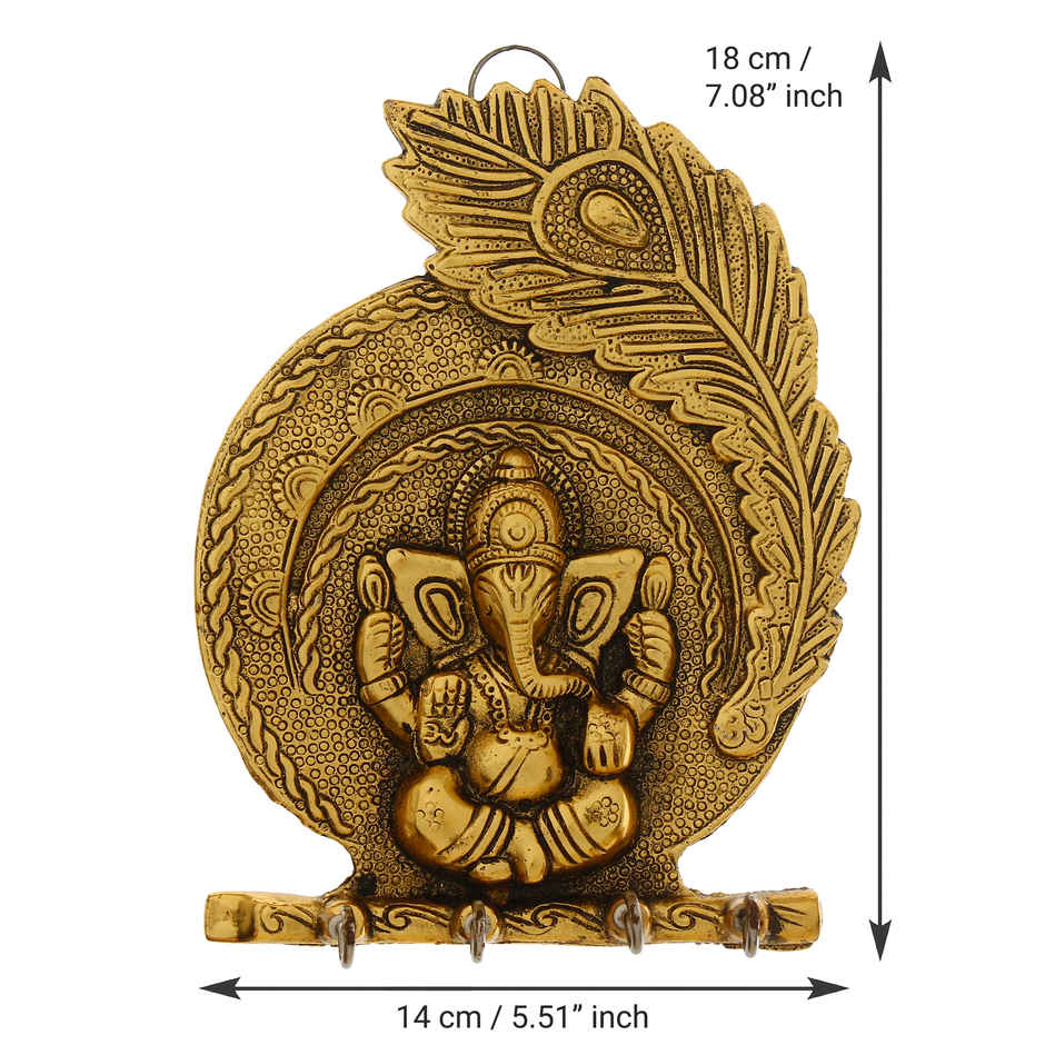 eCraftIndia Golden Metal Lord Ganesha And Peacock Feather Designer Key Holder With 4 Hooks For Wall