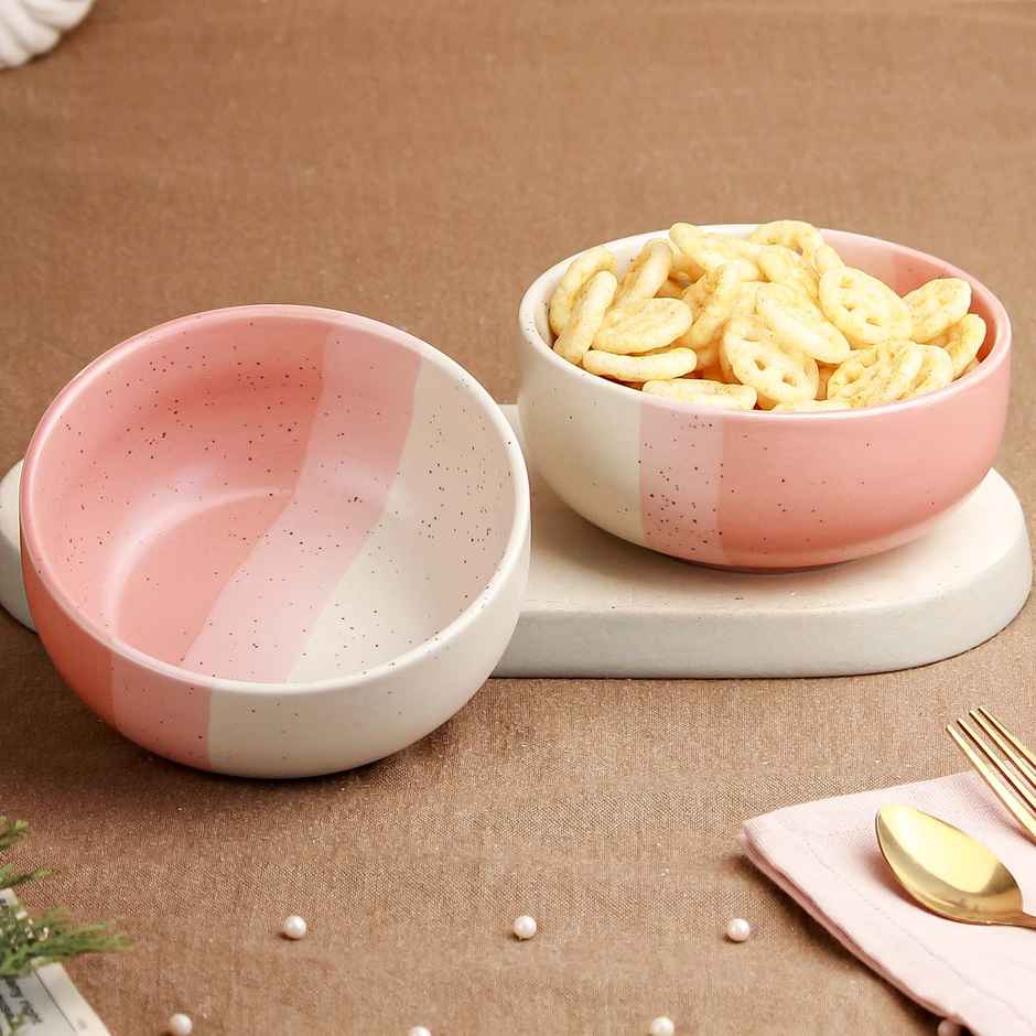 The Earth Store TT Pink Matte 2Pc Ceramic Bowl Gift Set, 500 ml Each Microwave Safe, Snack Serving
