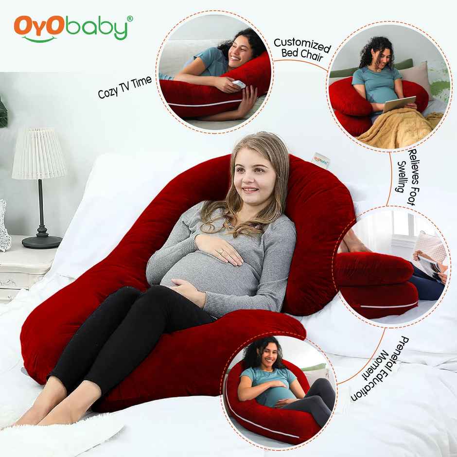 Oyo Baby C Shaped Pregnancy Pillow For Sleeping, Washable Premium Velvet Cover Maroon