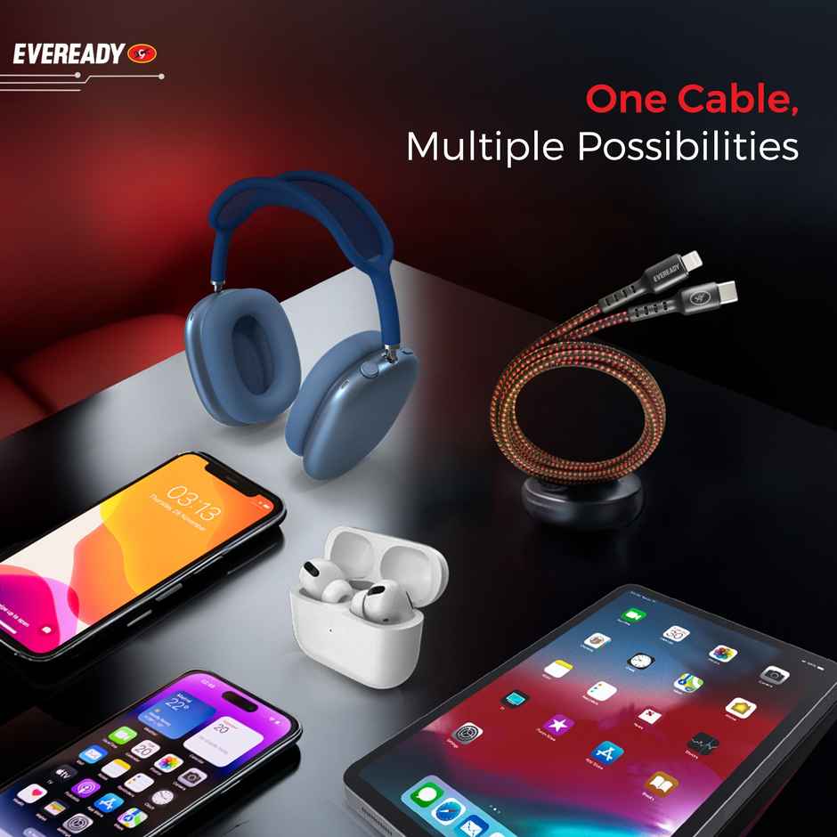 Eveready Nylon Braided Charging Cable | 60W | Type C to Lightining | 1.5 m Length | 3A