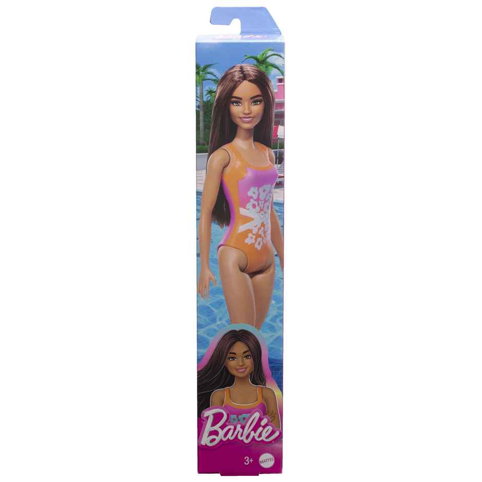 Mattel Barbie Beach Doll with Light Brown Hair, Pink and Orange One-Piece Swimsuit with Tropical Print