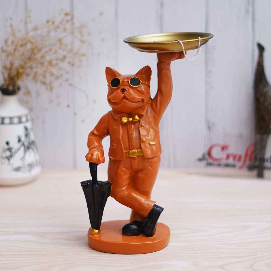 eCraftIndia Bulldog Statue in Glasses Holding Black Umbrella & Tray