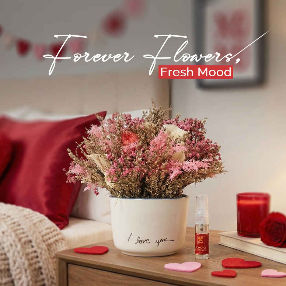 Pink Blossom Dry Flowers in Ceramic Vase with Fragrance Spray | Ideal for Gifting | IRIS