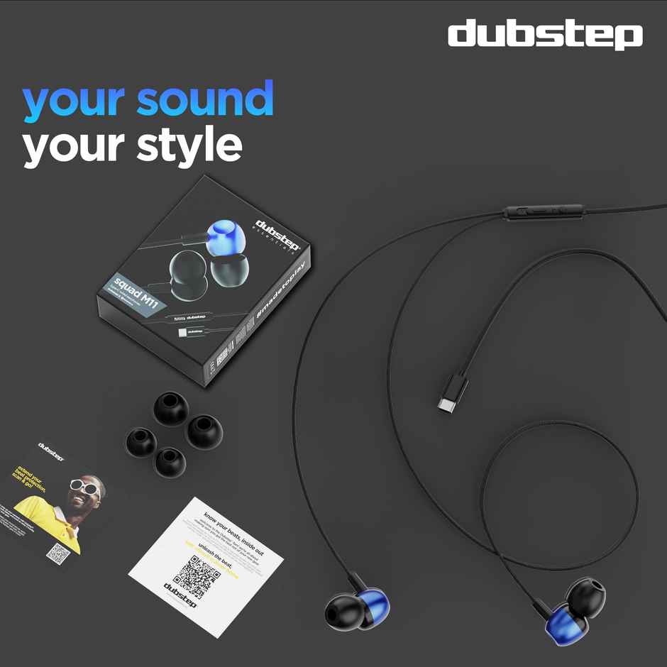 Dubstep Squad M11 With X-Bass Technology | 10 mm Drivers Wired Type-C Earphones With Mic | Blue - Black