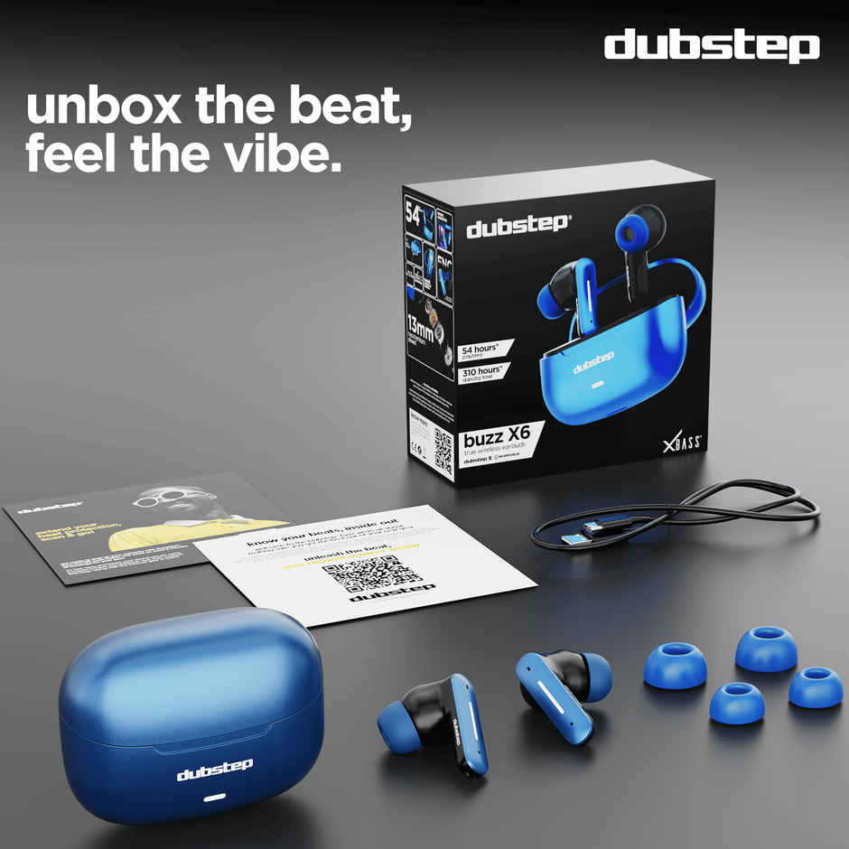 Dubstep Buzz X6 TWS Earbuds Upto 54hrs Playtime|13mm Neodymium Driver| XBass Technology|TWS Ear Buds Wireless Earphones with mic - Blue