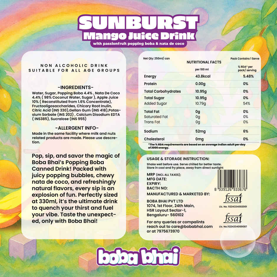 Boba Bhai Mango Fruit Drink with Popping Bubbles & Nata de Coco