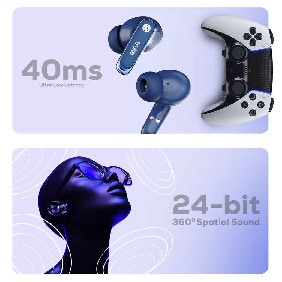 Truke Mega 12 Buds with 70H Playtime Leather Textured Finish Spatial Audio 13mm Drivers Indigo Blue