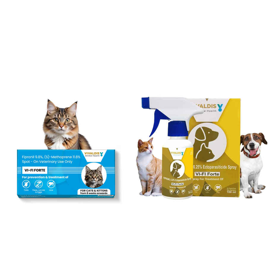Vivaldis Spot On For Cats, Kittens- Fipronil Tick, Flea, Lice Control | Monthly Preventive Treatment (0.5ml) & Vivaldis Vi-Fi Forte-Tick, Flea, Lice Spray For Dogs, Cats, Kitten & Puppies With Fipronil (100ml) Combo