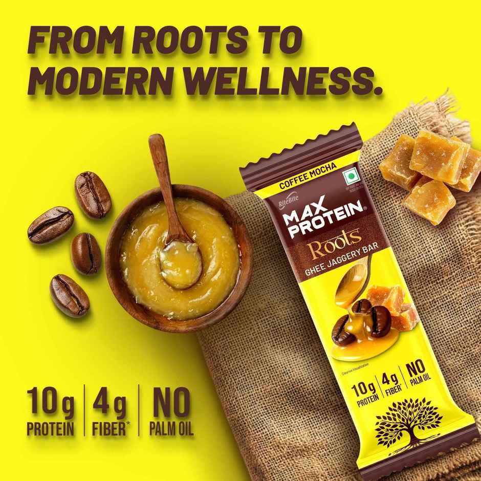 Max Protein Roots Ghee Jaggery 10g Protein Bar | Coffee Mocha | No Palm Oil | 4g Fiber