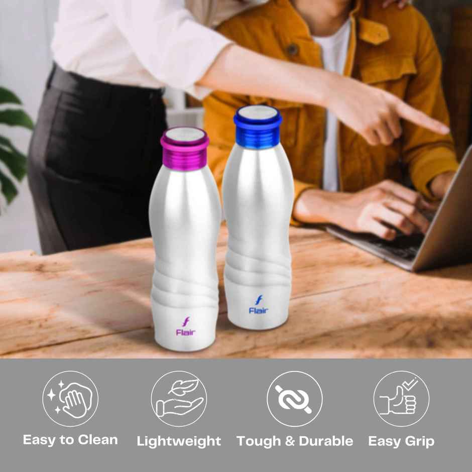 Flair Nova 304 Stainless Steel Water Bottle Gift Set, 950 ml Silver Bottles with Blue & Pink Caps