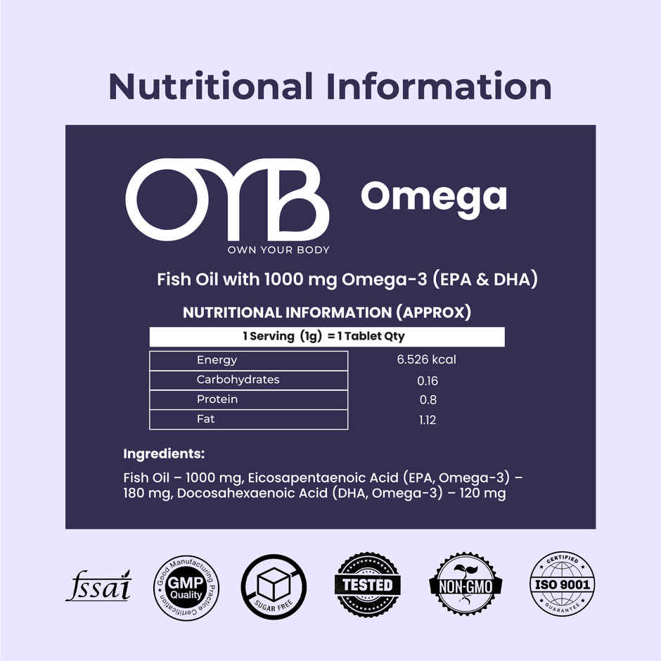 OYB Omega Fish Oil with 1000 mg Omega-3 (EPA & DHA) | 60 Softgels | OYB Omega