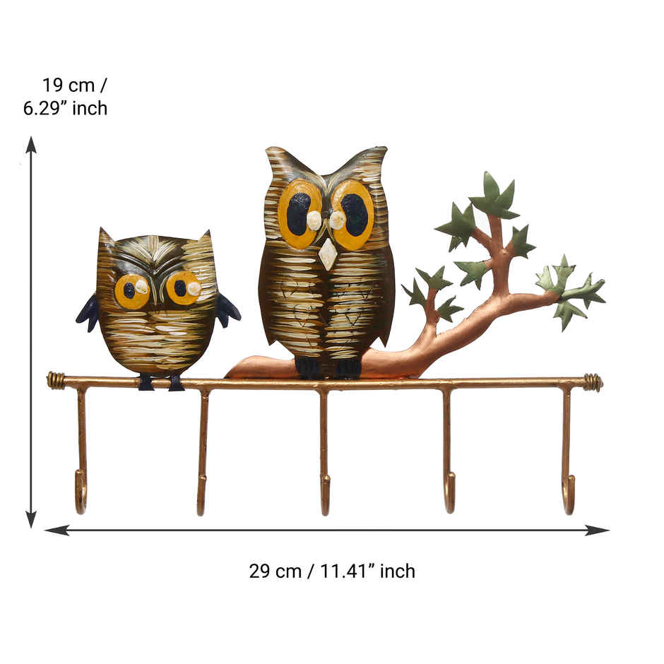 eCraftIndia Iron 2 Owl Birds Sitting On Tree Branch Decorative Key Holder With 5 Key Hooks For Wall