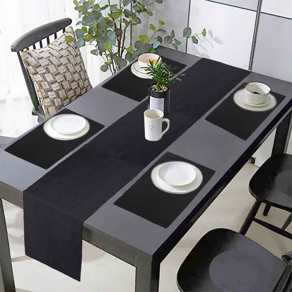 Lushomes Table Mat and Table Runner Set - Black | Dining Table Mats 4 pcs | 13 x 51 inch