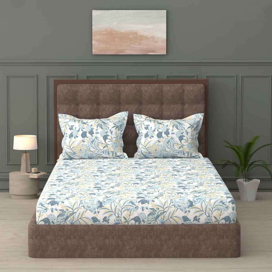 Raymond Microfiber Double Size Bedsheet Set | Floral | White | 100 in x 90 in