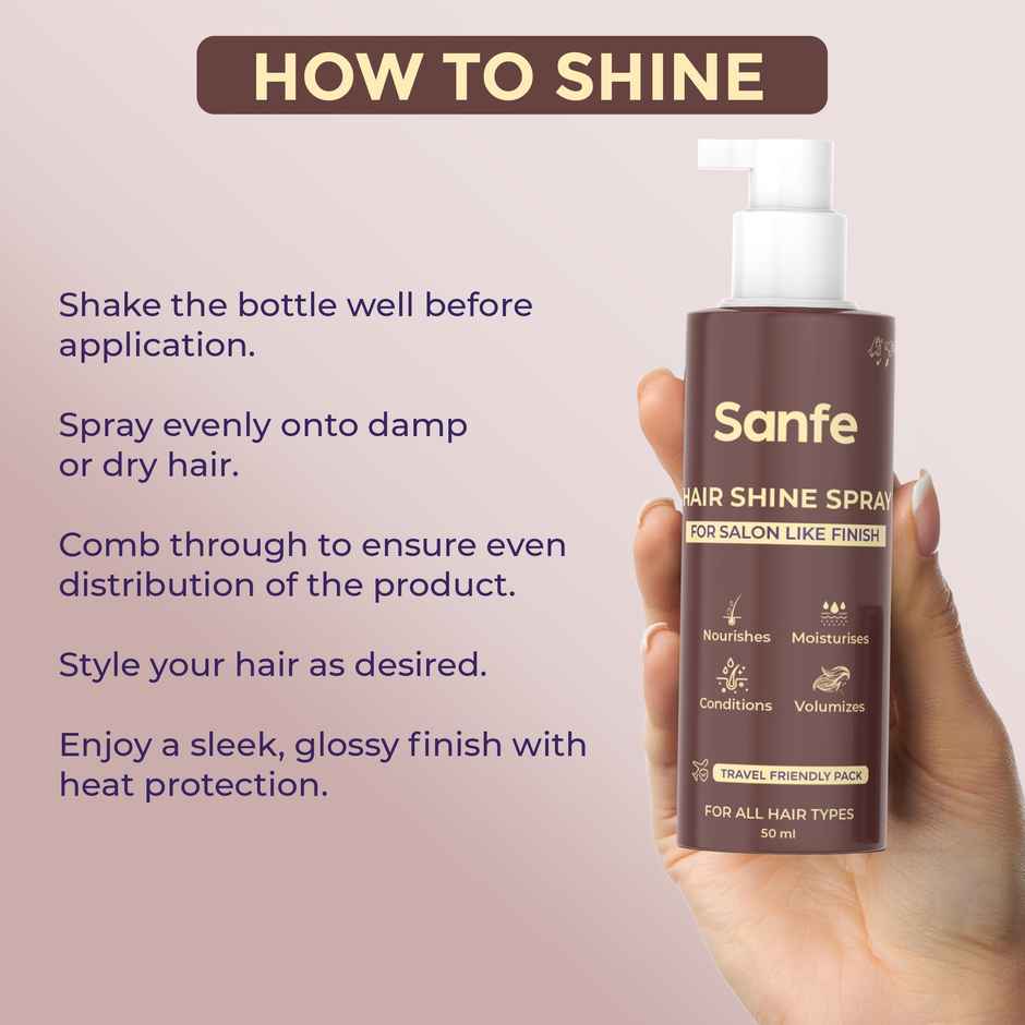 Sanfe Hair Shine Spray Vibrant, Glossy Nourishes, Moisturises, Volumizes Frizz Free Hair