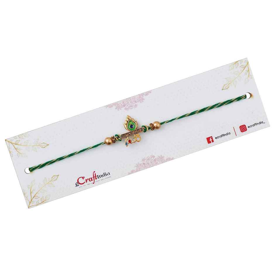 Green Golden Peacock Feather Om Designer Rakhi with Roli Chawal Pack Rakhi for Brother Bhaiya Bhai | Ecraftindia