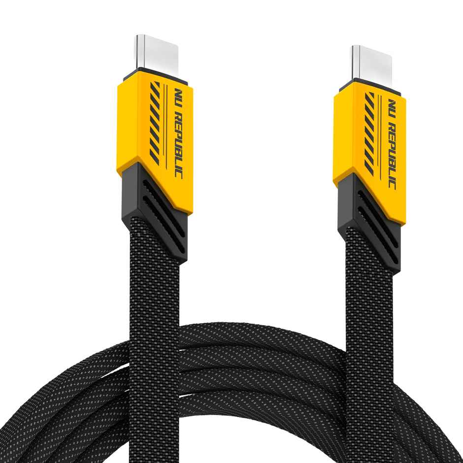 Nu Republic Blaze Fusion 120W 1.2 M Type-C To Type-C Fast Charge Carbon Fibre Texture Braided Cable (Compatible With Mobile, Tablet, Laptop, Speakers)1.2M - Yellow & Black