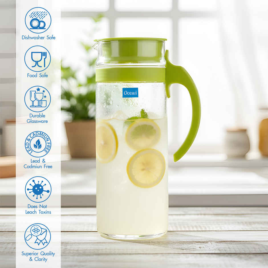 Ocean Patio Pitcher Water Glass Jug | 1.265 L | Transparent | Green Lid
