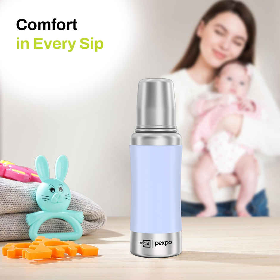 Go24 | Pexpo Jack & Jill Stainless Steel Baby Feeding Bottle Leak Proof | Blue - 250 ml